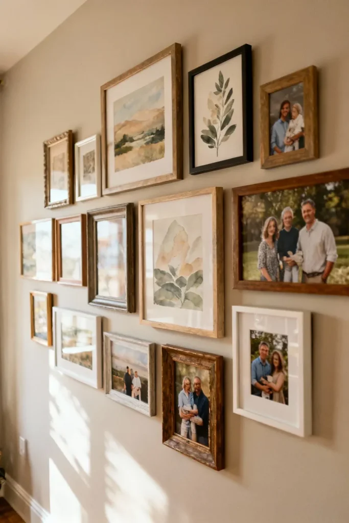 A gallery wall featuring diverse framed artworks and family photos in a cozy entryway.