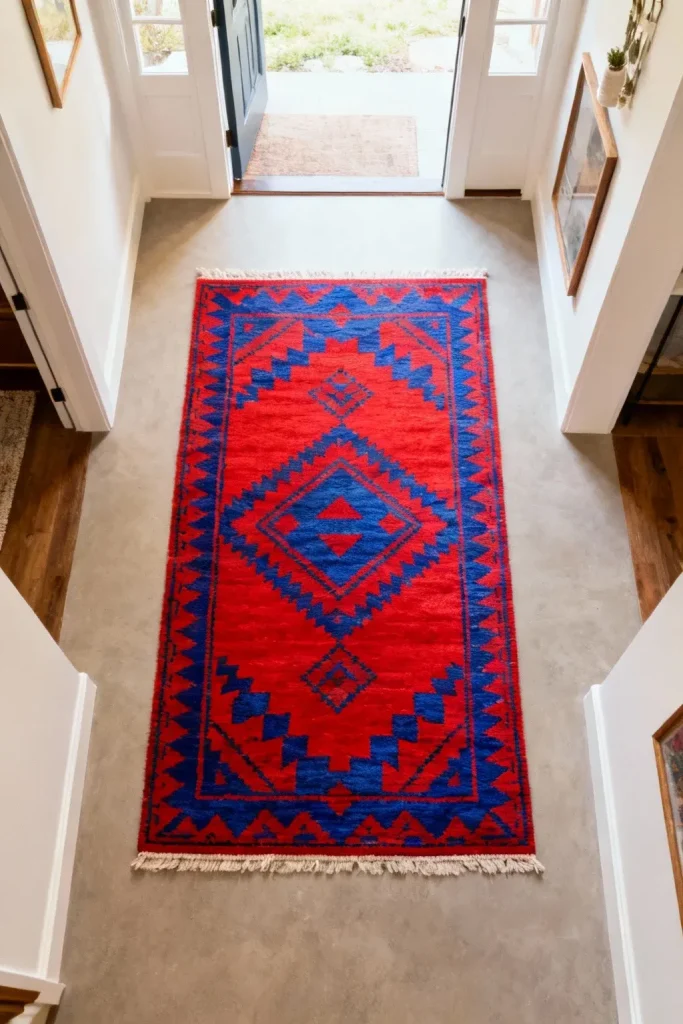 A bold geometric area rug defining the space in a stylish entryway.