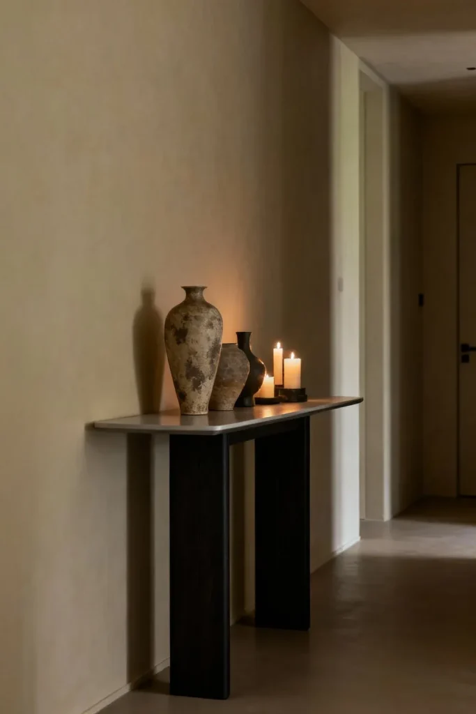 A sleek console table with decorative items in a well-organized entryway.