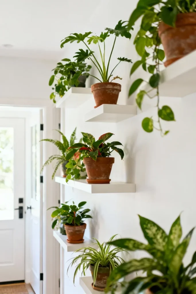 Floating shelves with potted plants adding greenery to the entryway.