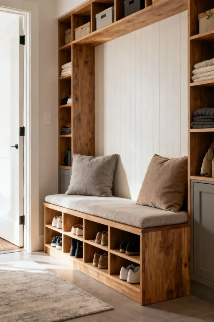 A stylish storage bench with cushions in a well-organized entryway.