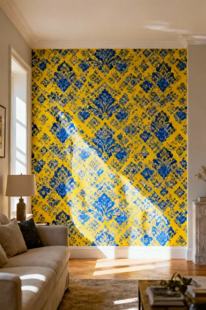 A vibrant accent wall with bold wallpaper in an inviting entryway.