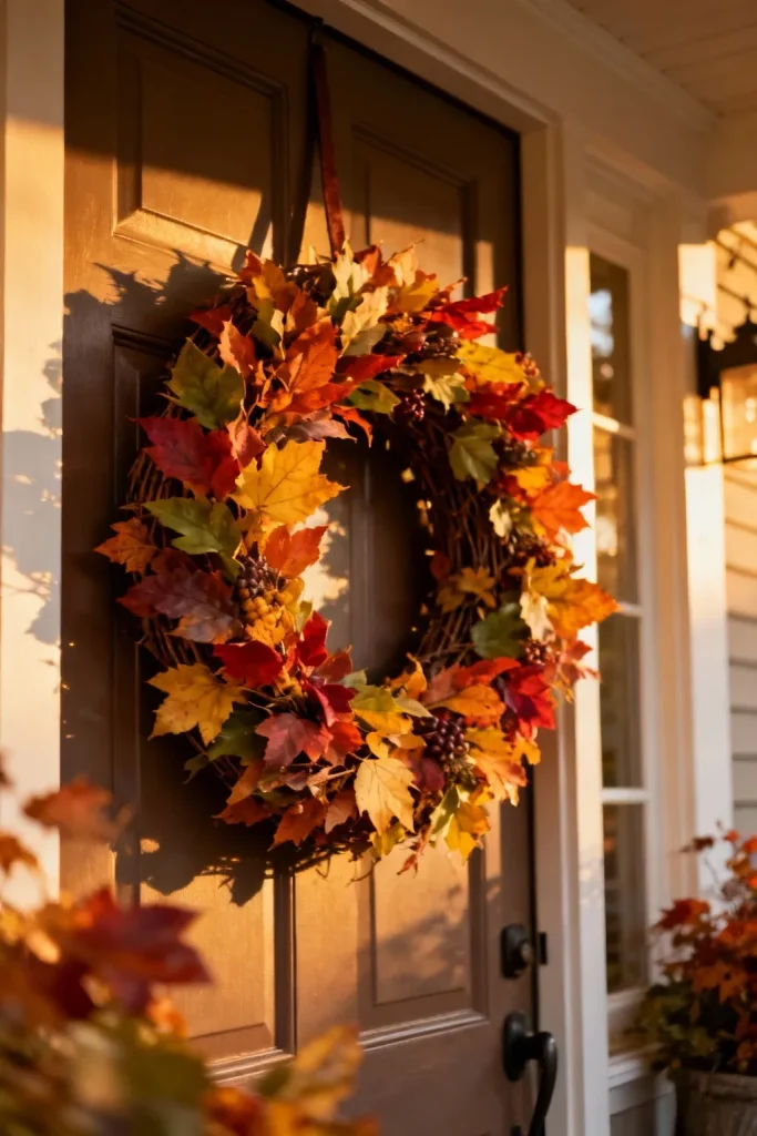 A colorful seasonal wreath on a front door, welcoming guests to the entryway.