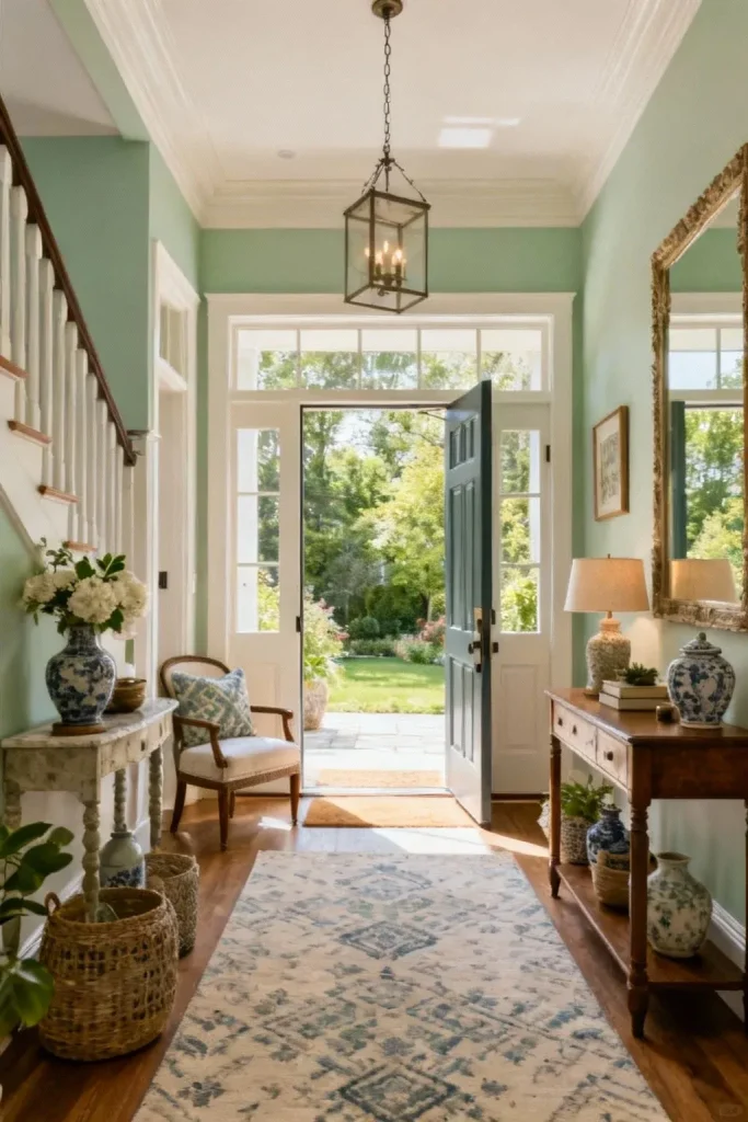 A harmonious color palette creating a unified look in the entryway.