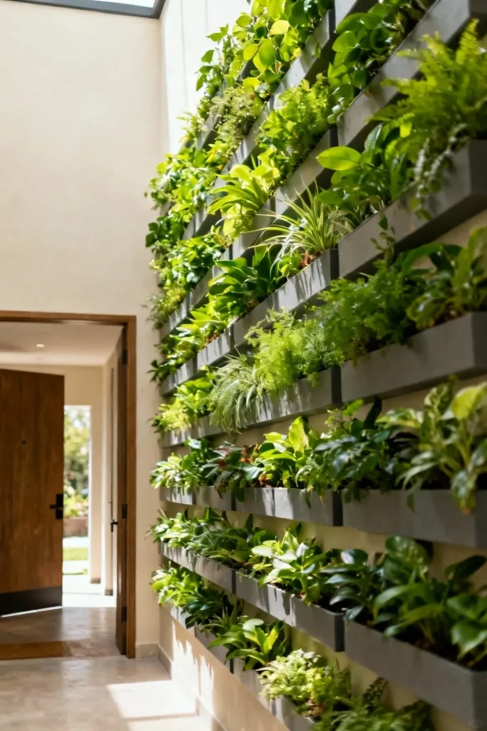 A vertical garden with wall-mounted planters enhancing the entryway's natural beauty.