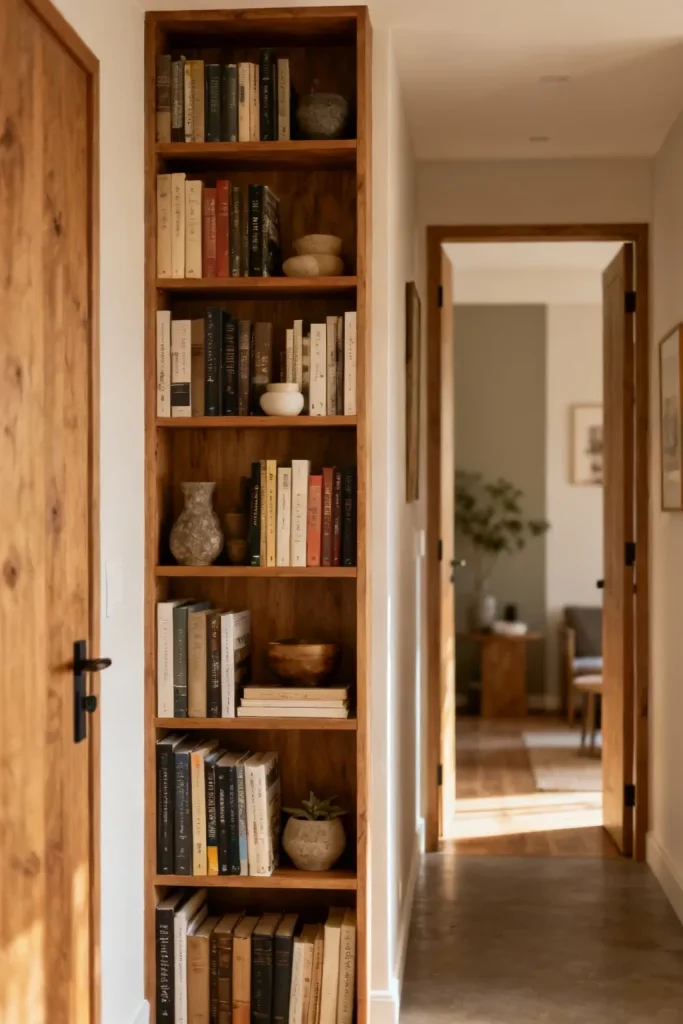 A narrow bookcase displaying books and decor in a stylish entryway.