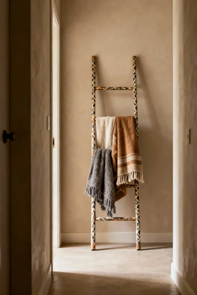 A decorative ladder displaying cozy blankets in a stylish entryway.
