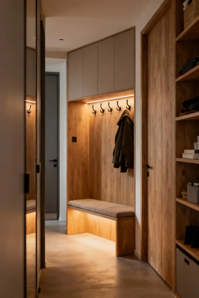 A custom built-in bench with hooks for coats in a functional entryway.