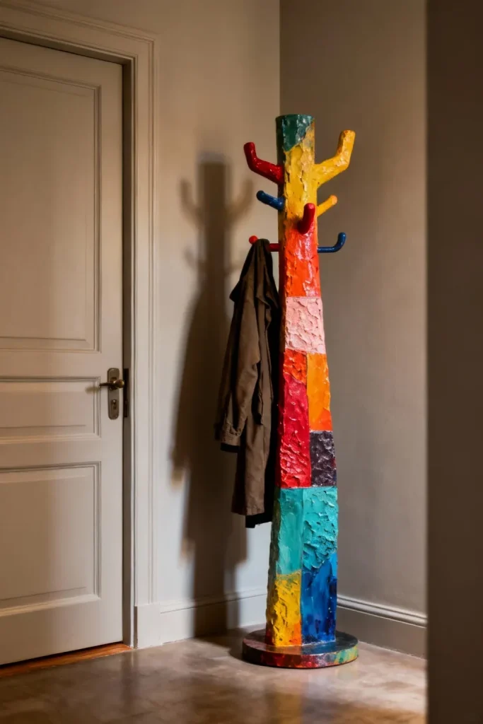A unique coat rack adding character to the entryway.