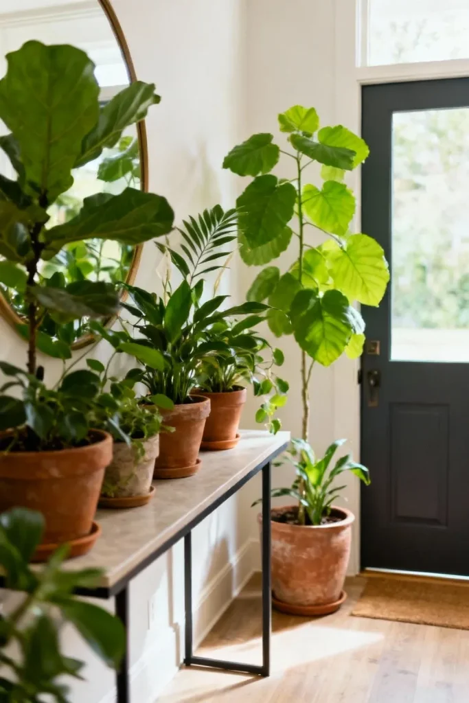 Potted plants bringing life and color to the entryway.