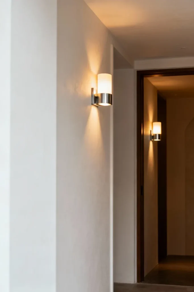 Wall-mounted lighting enhancing the ambiance of the entryway.