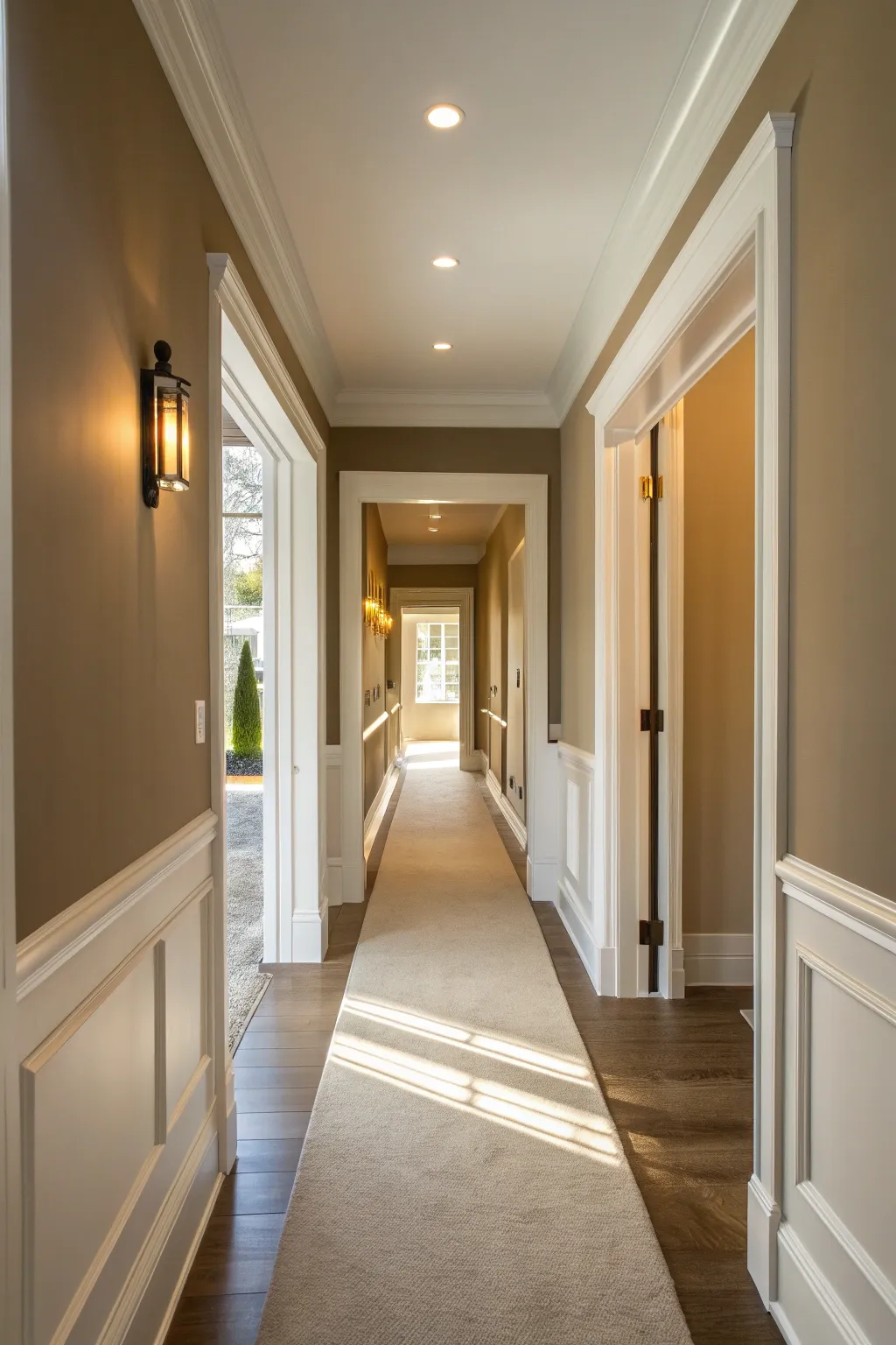 A modern hallway with taupe walls and white trim, illuminated by warm golden light.
