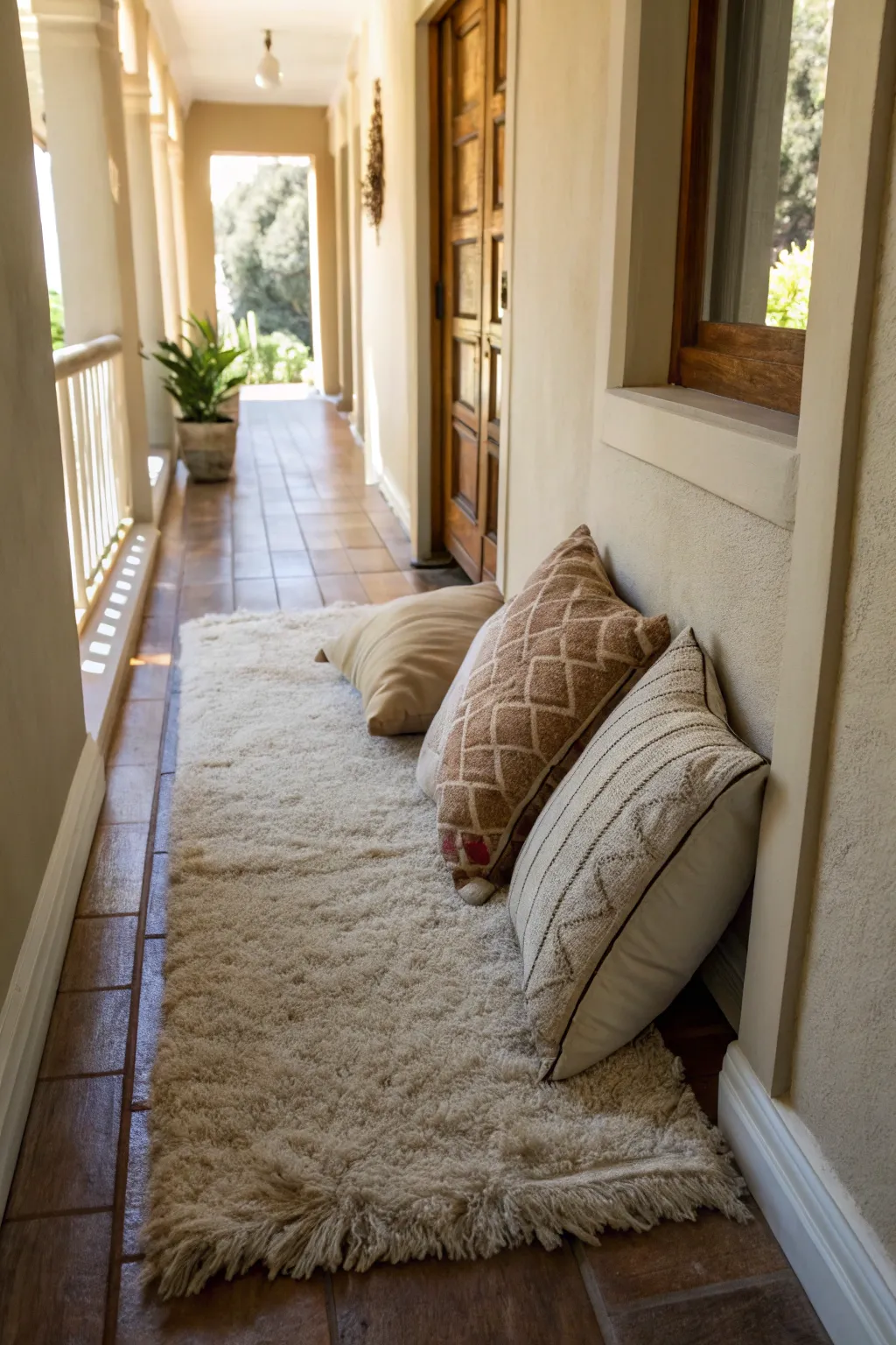 A cozy hallway featuring a soft rug and decorative pillows for a welcoming feel.
