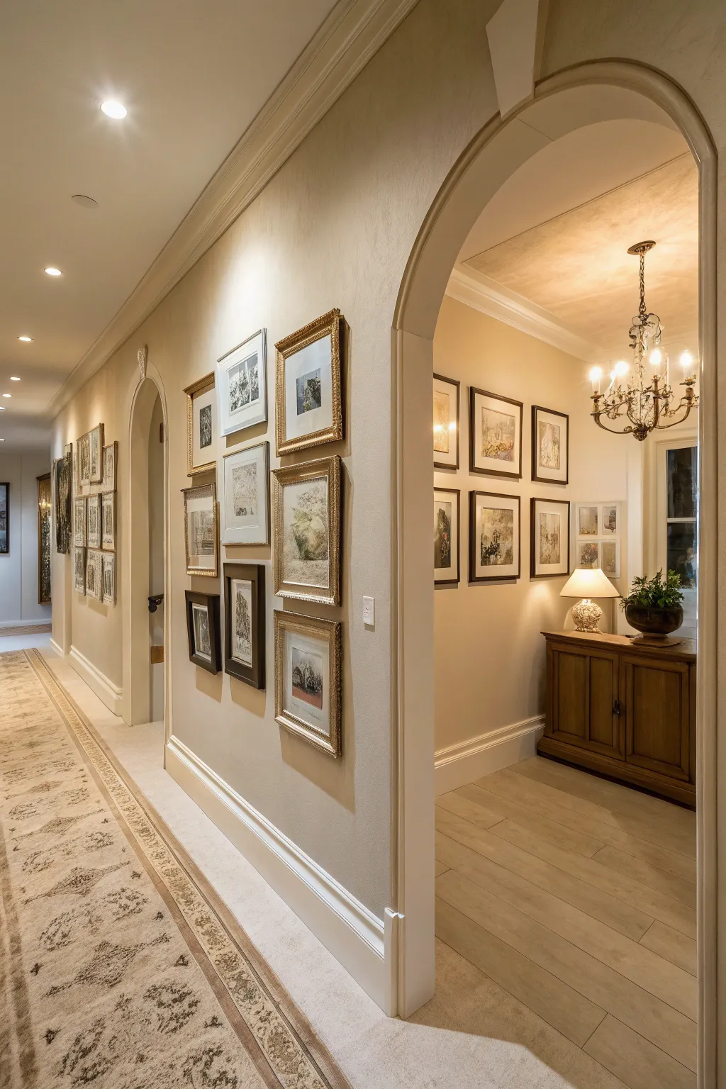 A gallery wall in a cream hallway showcasing framed art and mirrors.