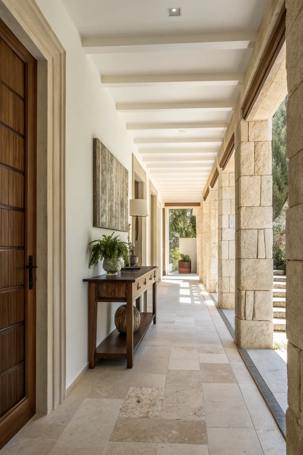 A hallway with layered cream shades and natural elements for a serene look.