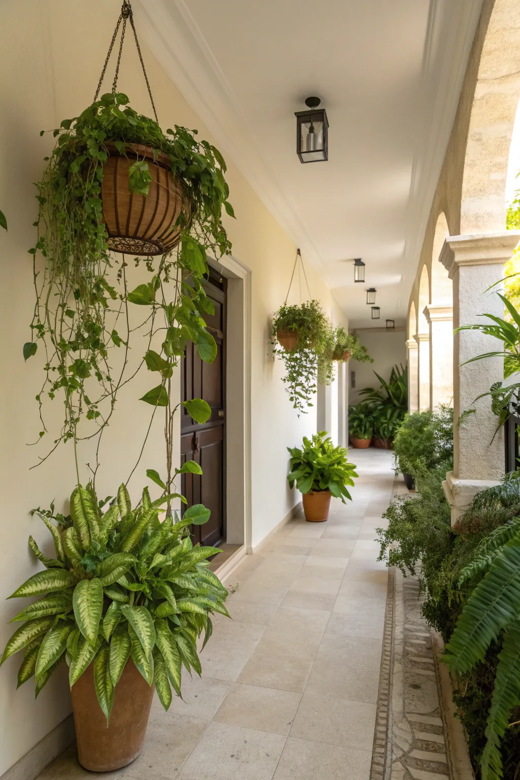 A neutral hallway featuring potted plants and greenery for a fresh atmosphere.