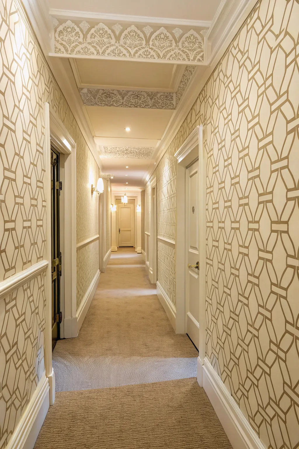 A cream hallway with subtle patterned wallpaper adding visual interest.