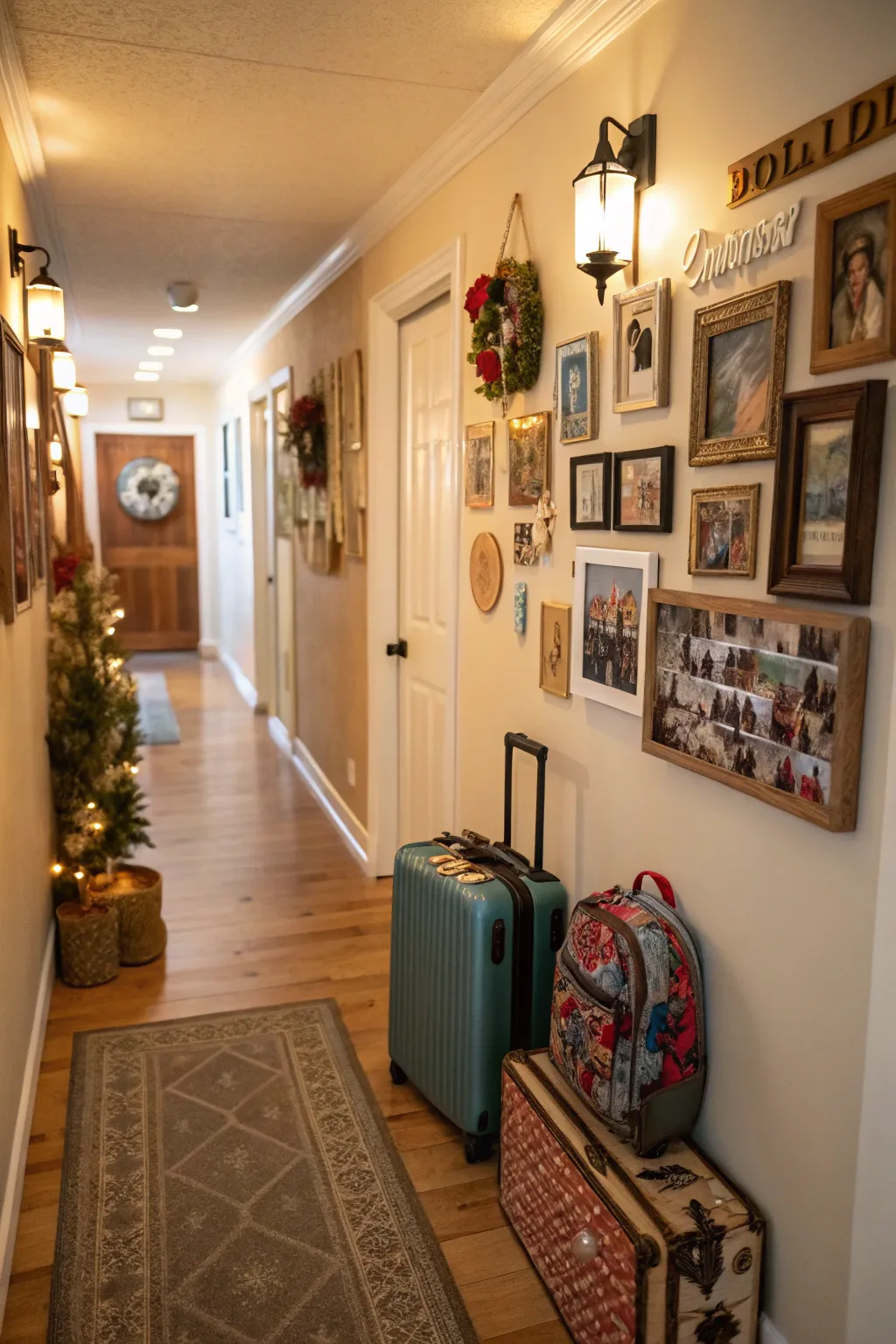 A hallway showcasing personal decorative accessories for a homey feel.
