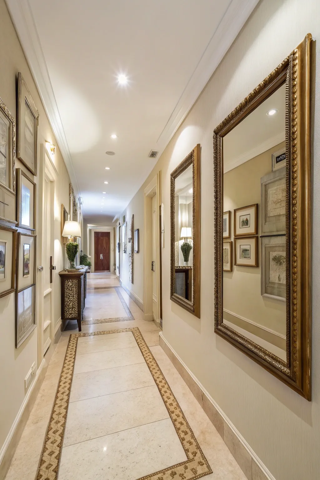 A hallway with mirrors that create an illusion of space and light.