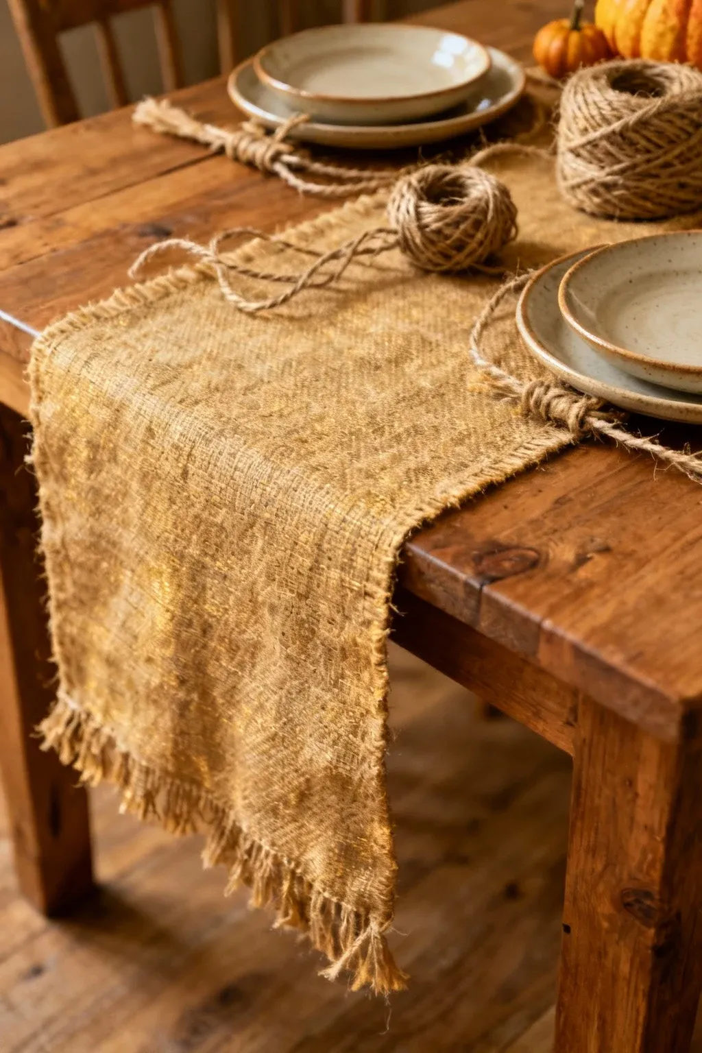 A burlap table runner on a wooden table with ceramic dishes and twine accents.