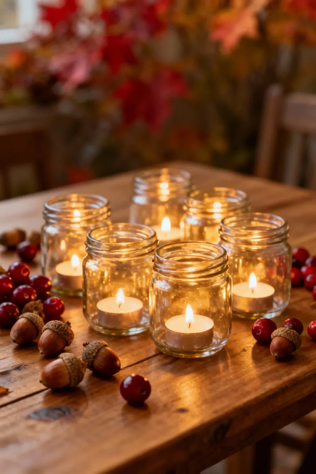 Clusters of transparent glass jars with tealights and seasonal elements like acorns.