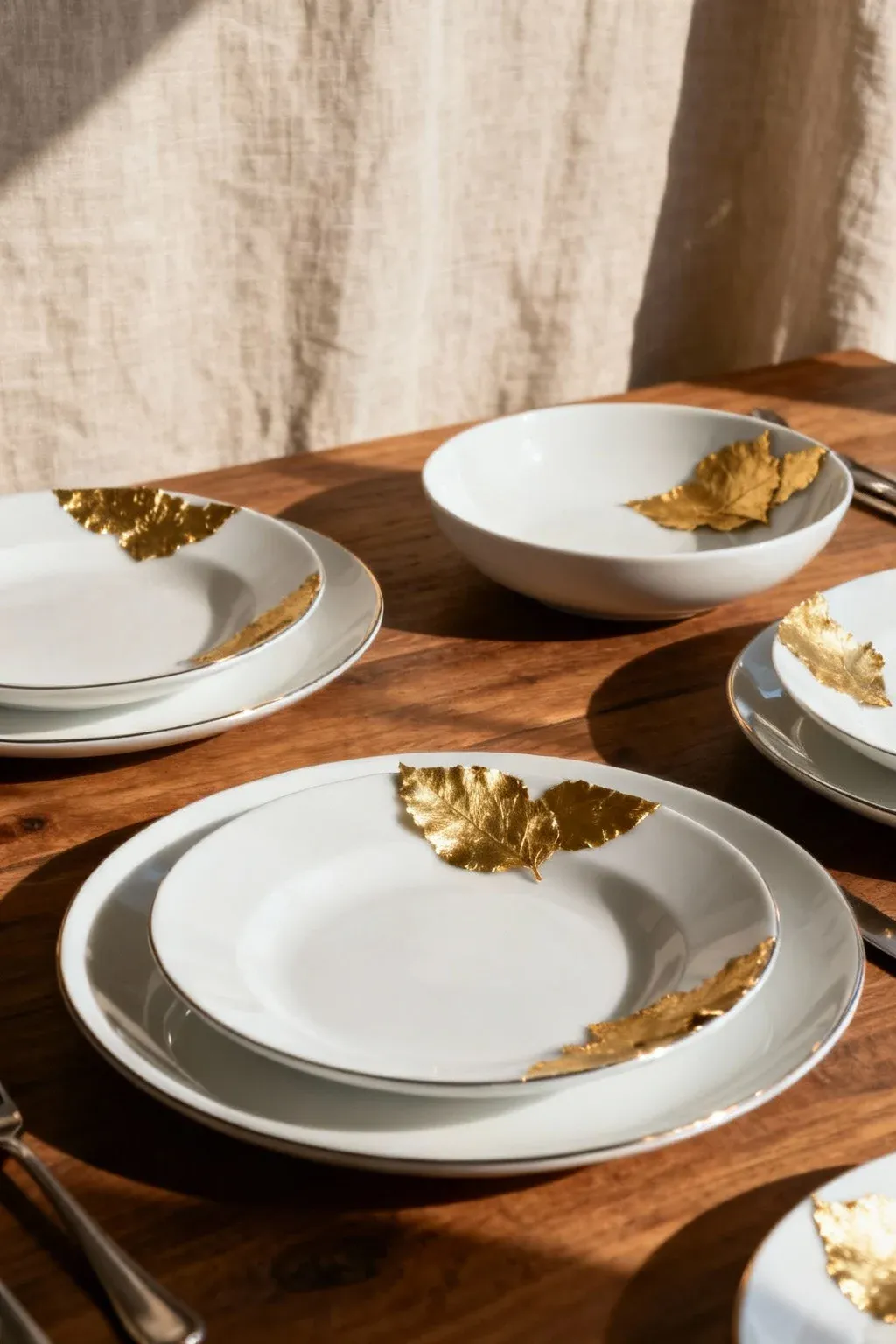 White tableware with gold leaf accents arranged elegantly on a wooden table.