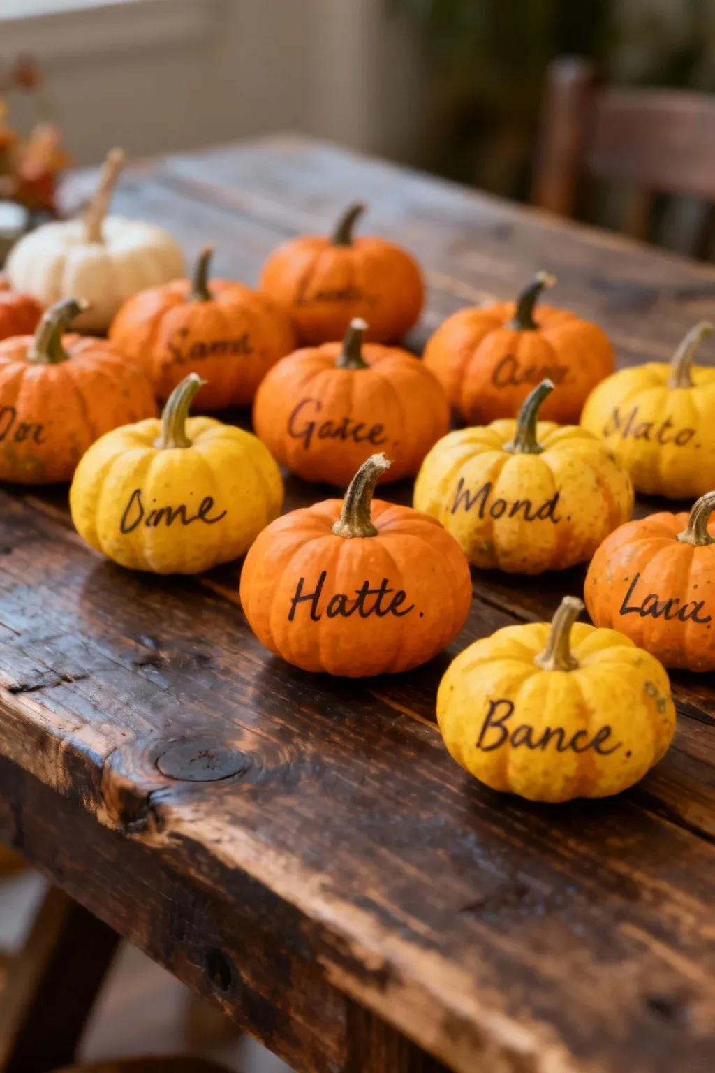 Colorful mini pumpkins with names written on them, arranged on a wooden table.