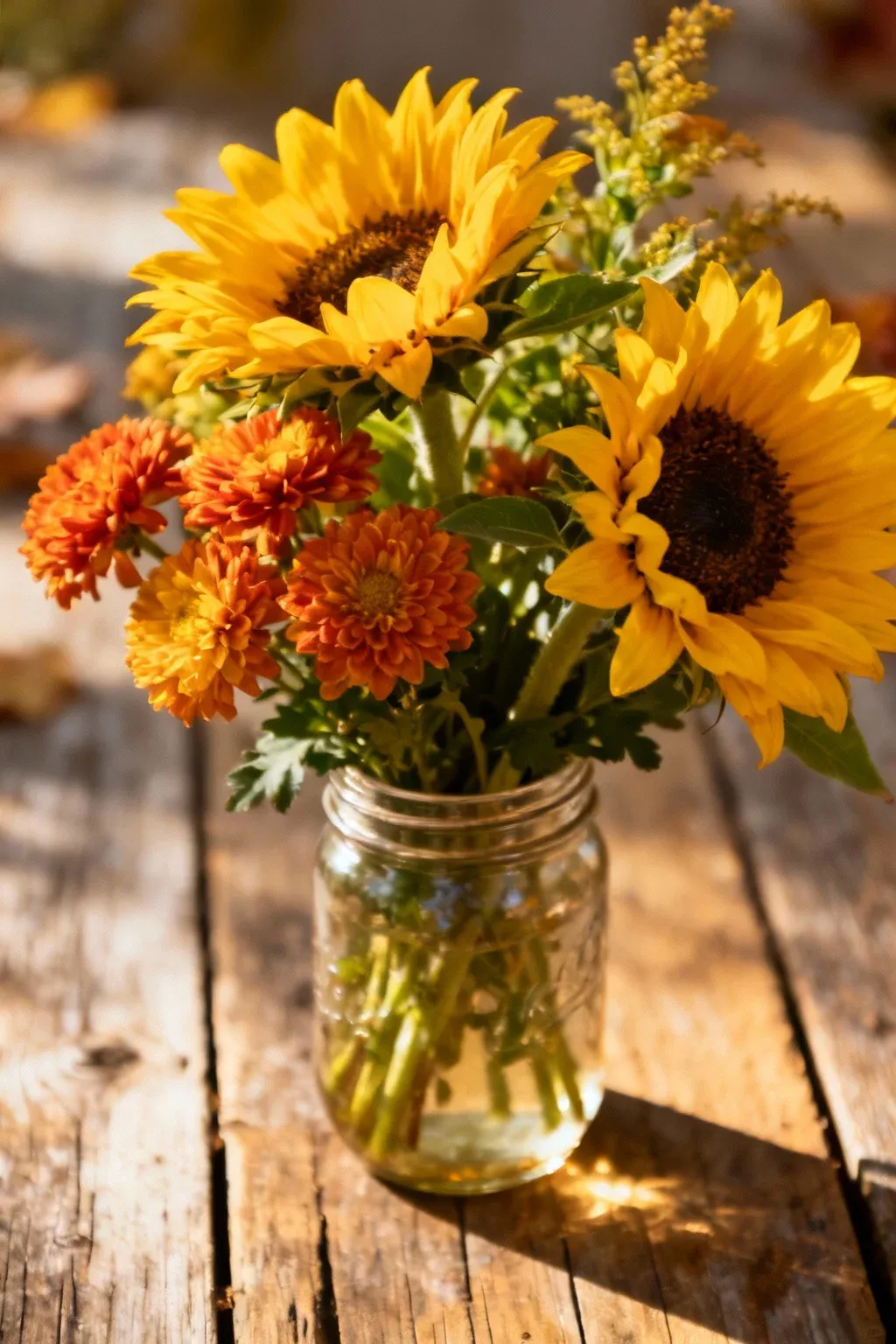 A mason jar filled with fresh flowers like sunflowers and chrysanthemums.