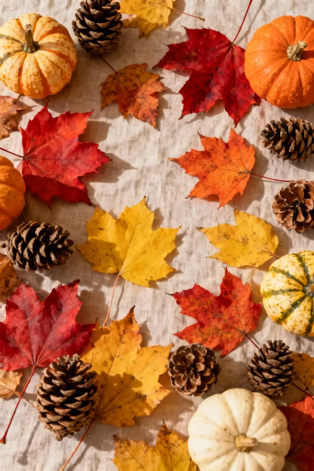 A table covered with colorful autumn leaves, pinecones, and small gourds.