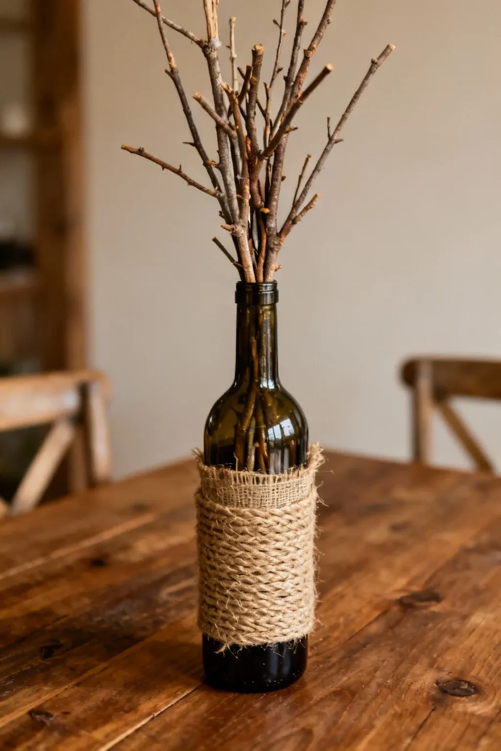 A wine bottle filled with twigs and wrapped in burlap, serving as a centerpiece.