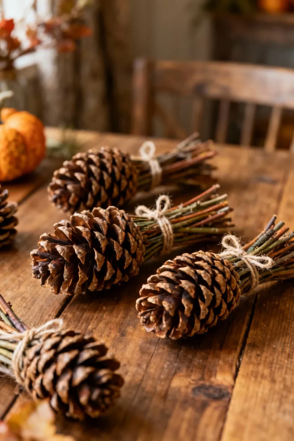 Bundles of pinecones tied with twine, arranged on a wooden table.