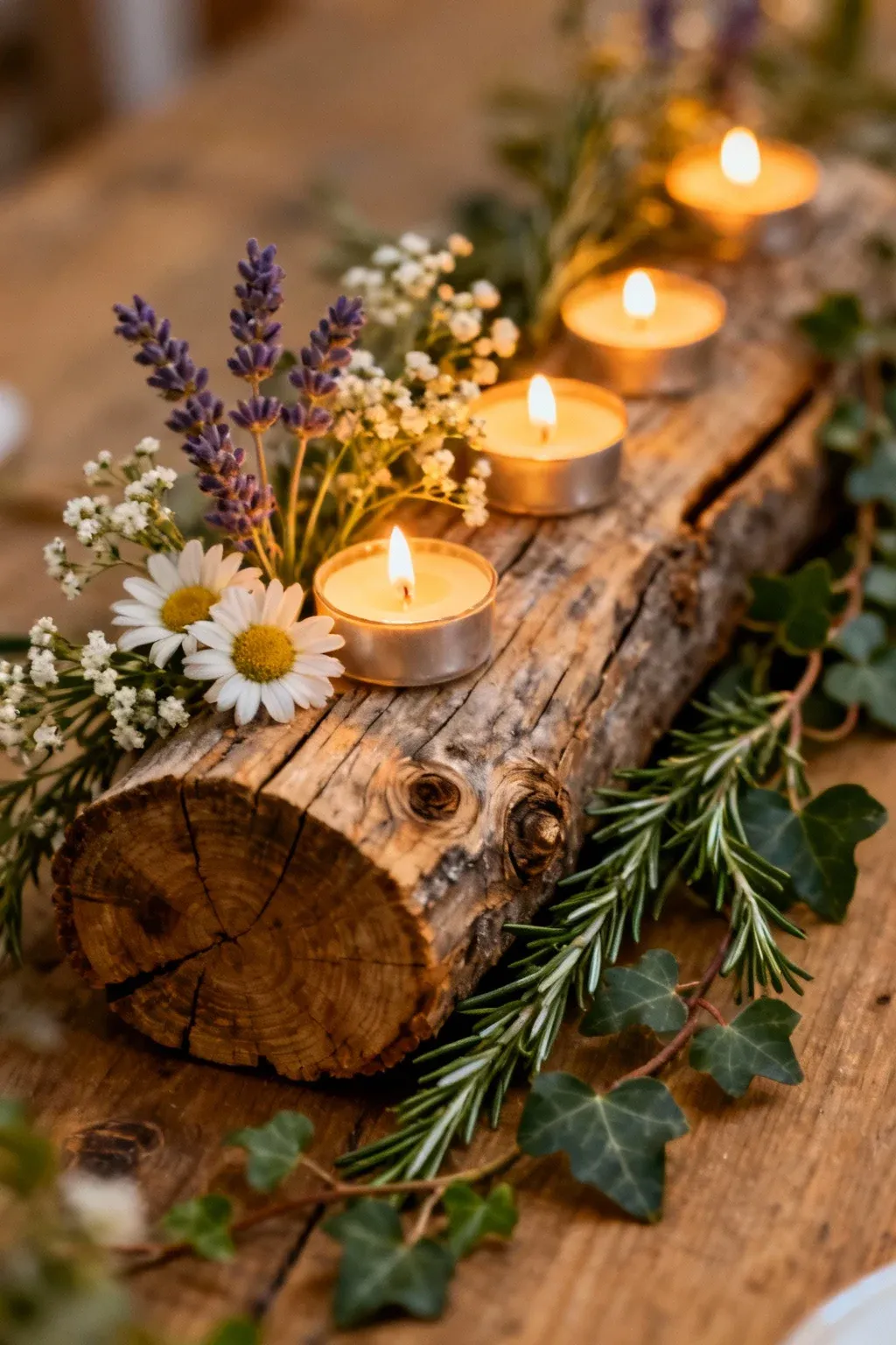 A wooden log with tea lights on top, surrounded by seasonal flowers and greenery.
