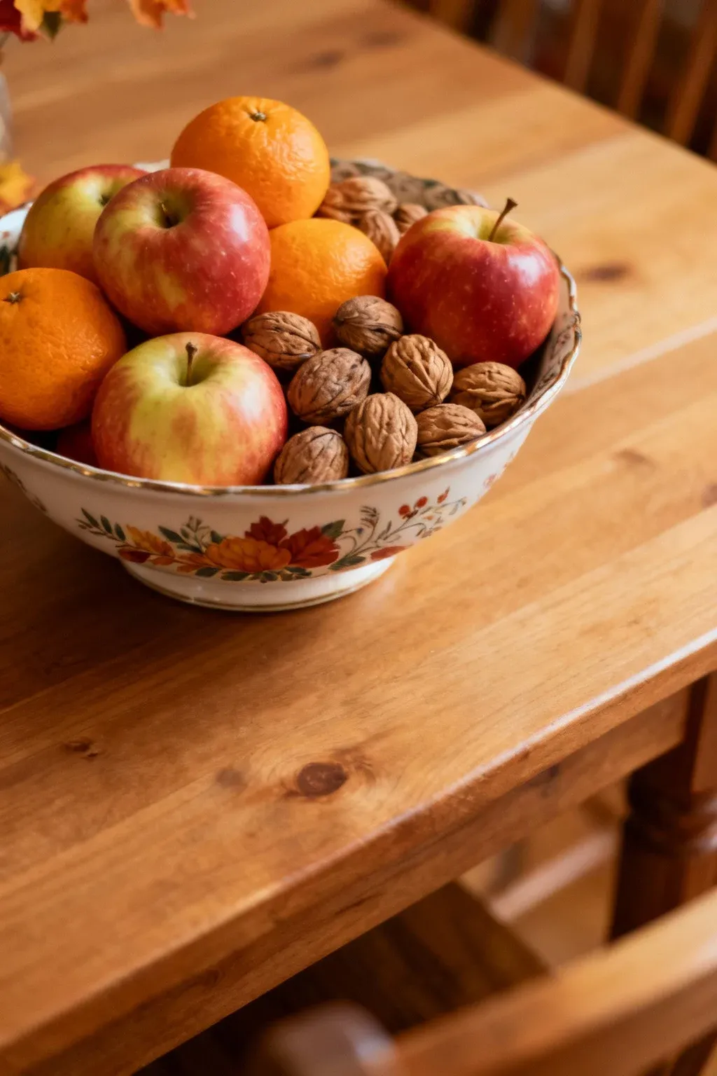 A decorative bowl filled with seasonal fruits and nuts on a wooden table.