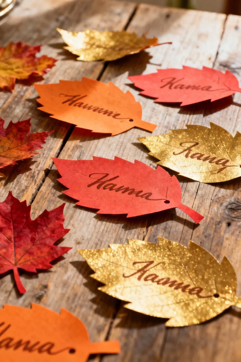 Colorful leaf-shaped name tags with handwritten names on a wooden table.