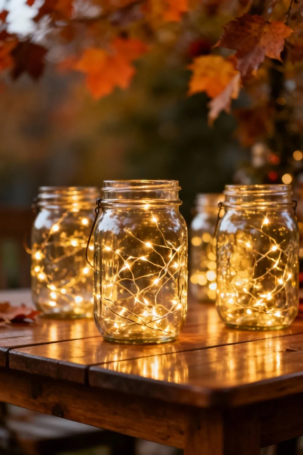 Mason jars filled with fairy lights, arranged on a table for soft lighting.