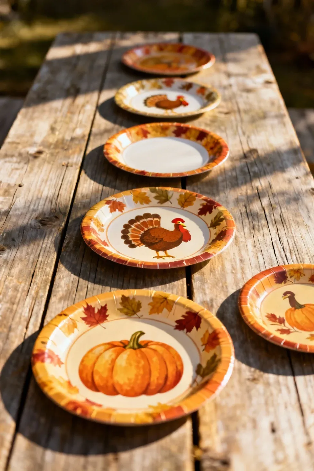 Festive Thanksgiving-themed paper plates arranged on a wooden table.