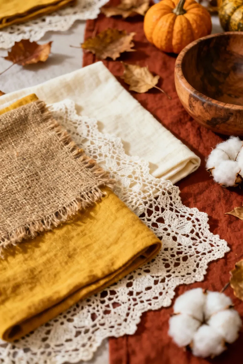 Layered burlap, lace, and cotton textiles creating a unique table setting.