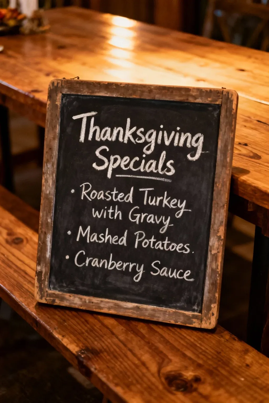 A chalkboard displaying the Thanksgiving menu on a wooden table.