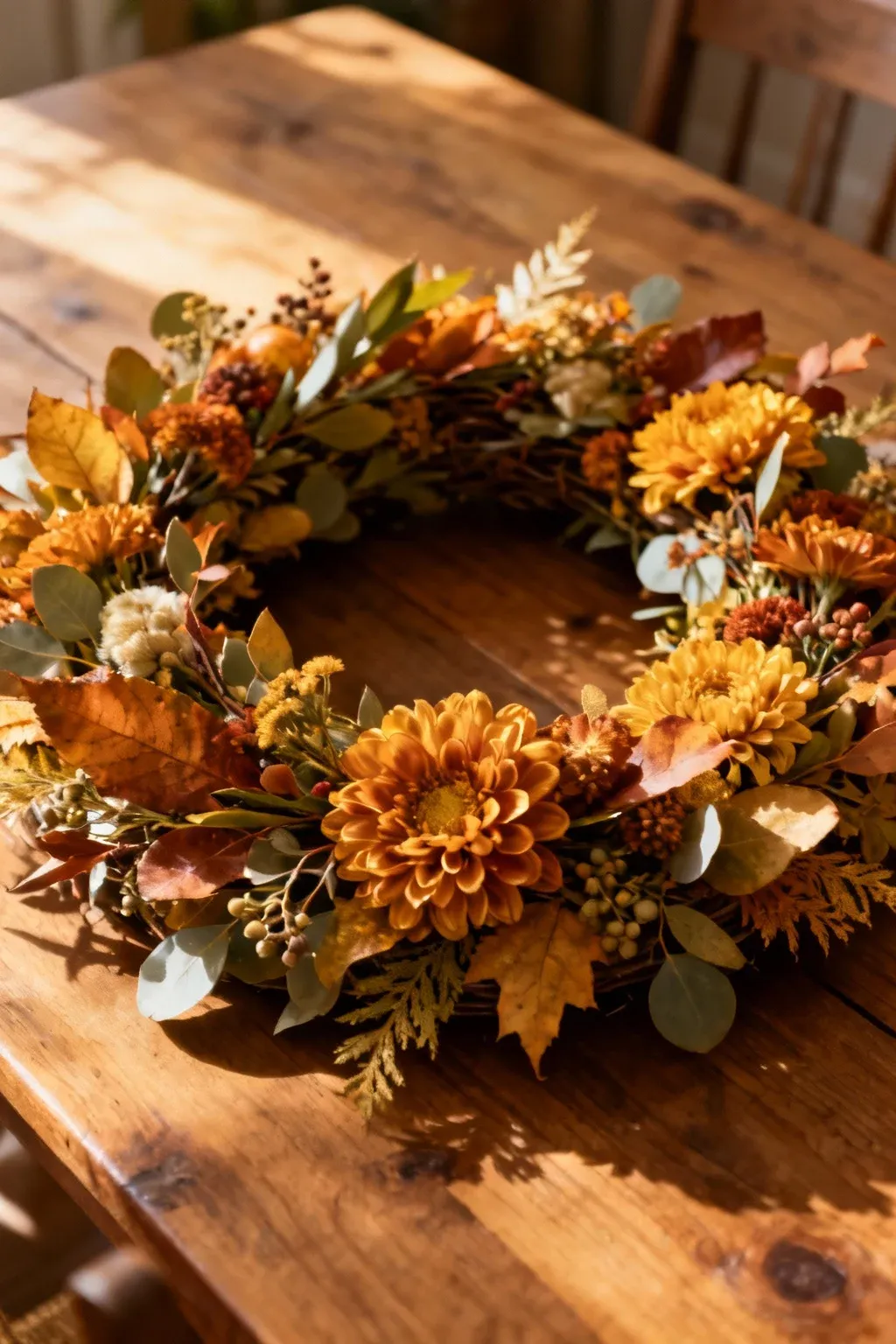 A floral wreath centerpiece made of seasonal flowers on a wooden table.