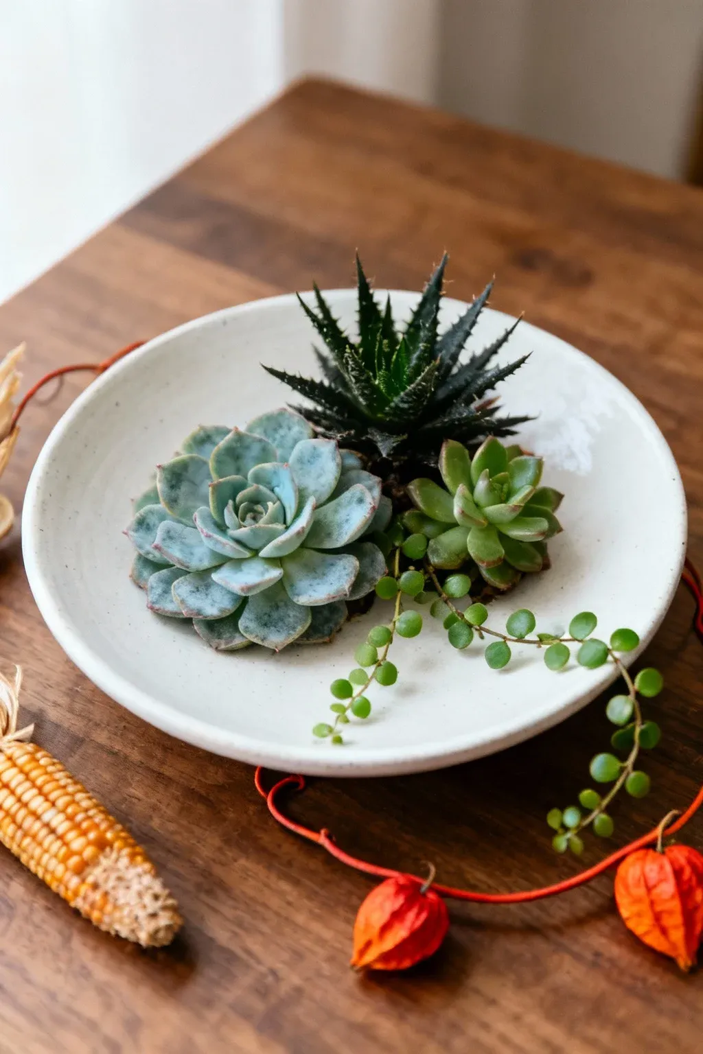 A shallow dish filled with a simple arrangement of succulents on a table.