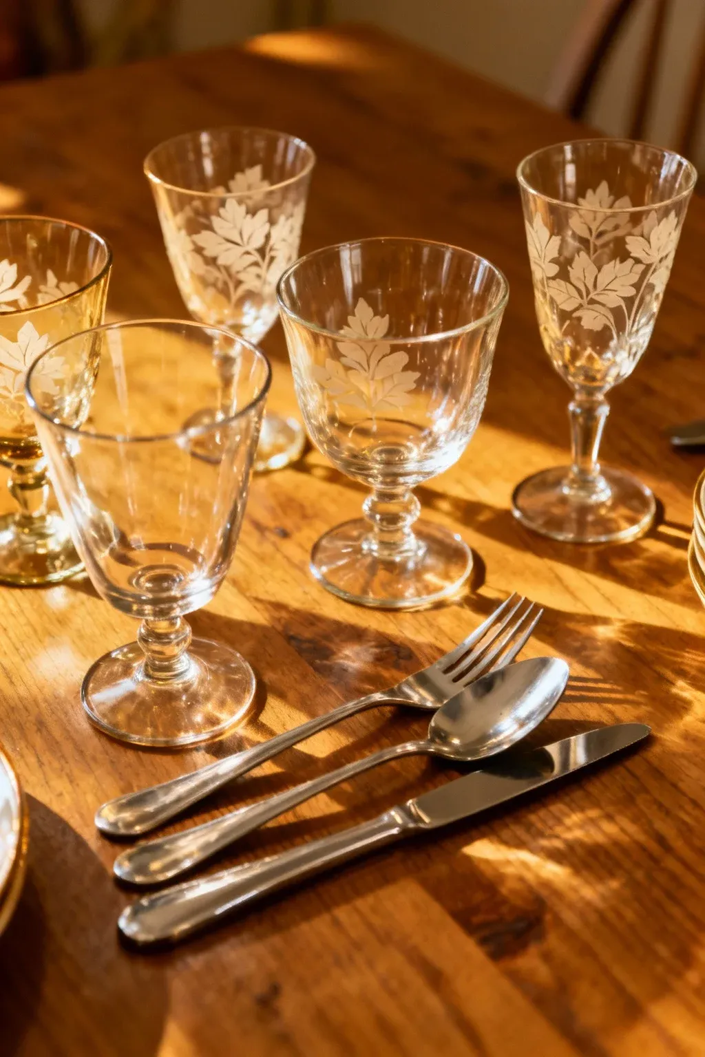 A mix of vintage glassware and modern dishes arranged on a wooden table.