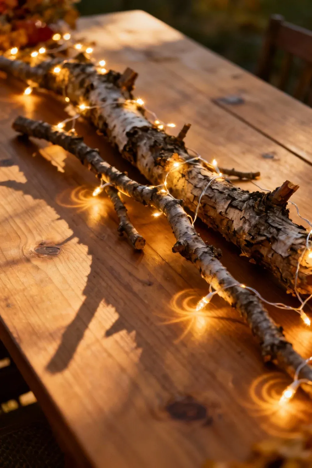 Fallen branches with fairy lights arranged on a table for a natural look.