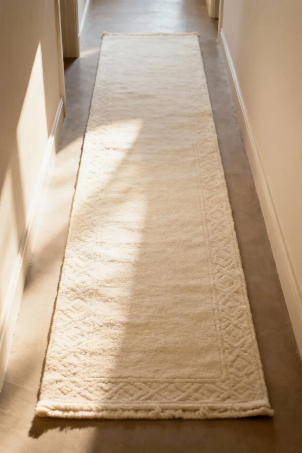 A hallway with a cream runner rug adding warmth and comfort to the space.