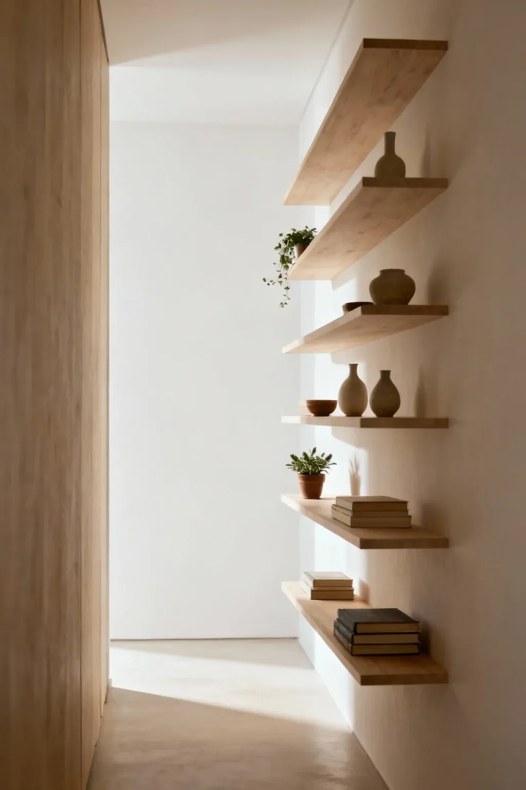 A narrow hallway featuring floating shelves displaying decorative items.