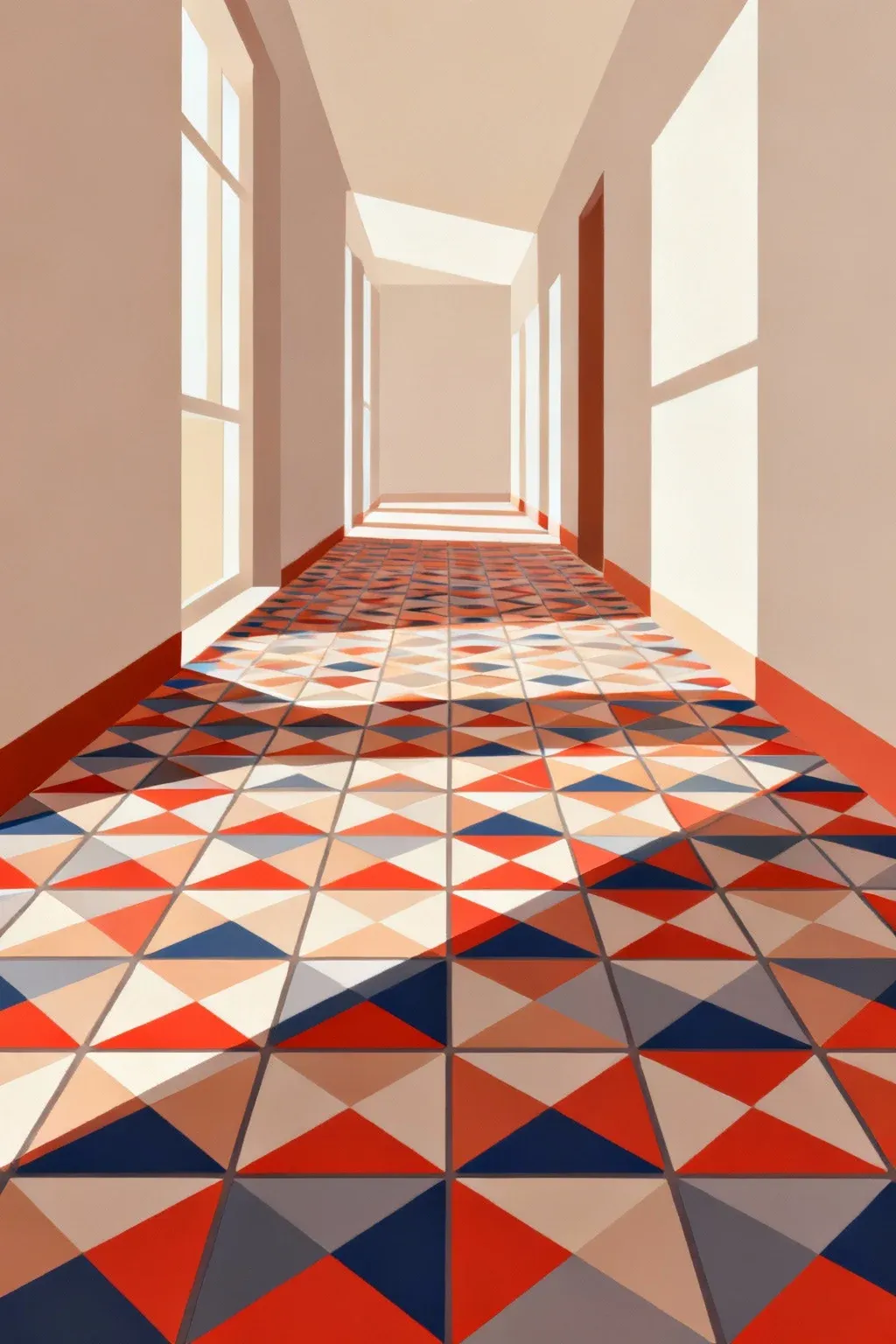 A flat hallway with bold patterned floor tiles creating visual interest.