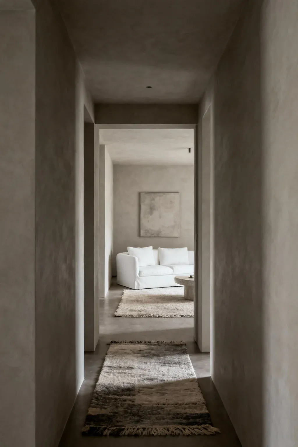 A modern hallway painted in greige with white furnishings and soft lighting.