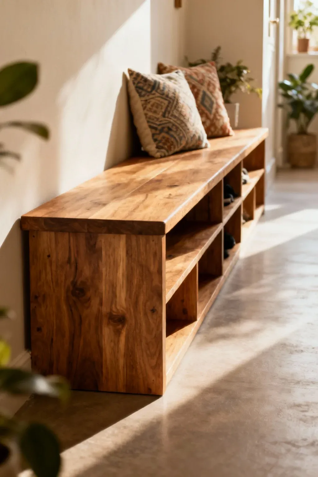 A wooden bench in a hallway with storage and decorative cushions.
