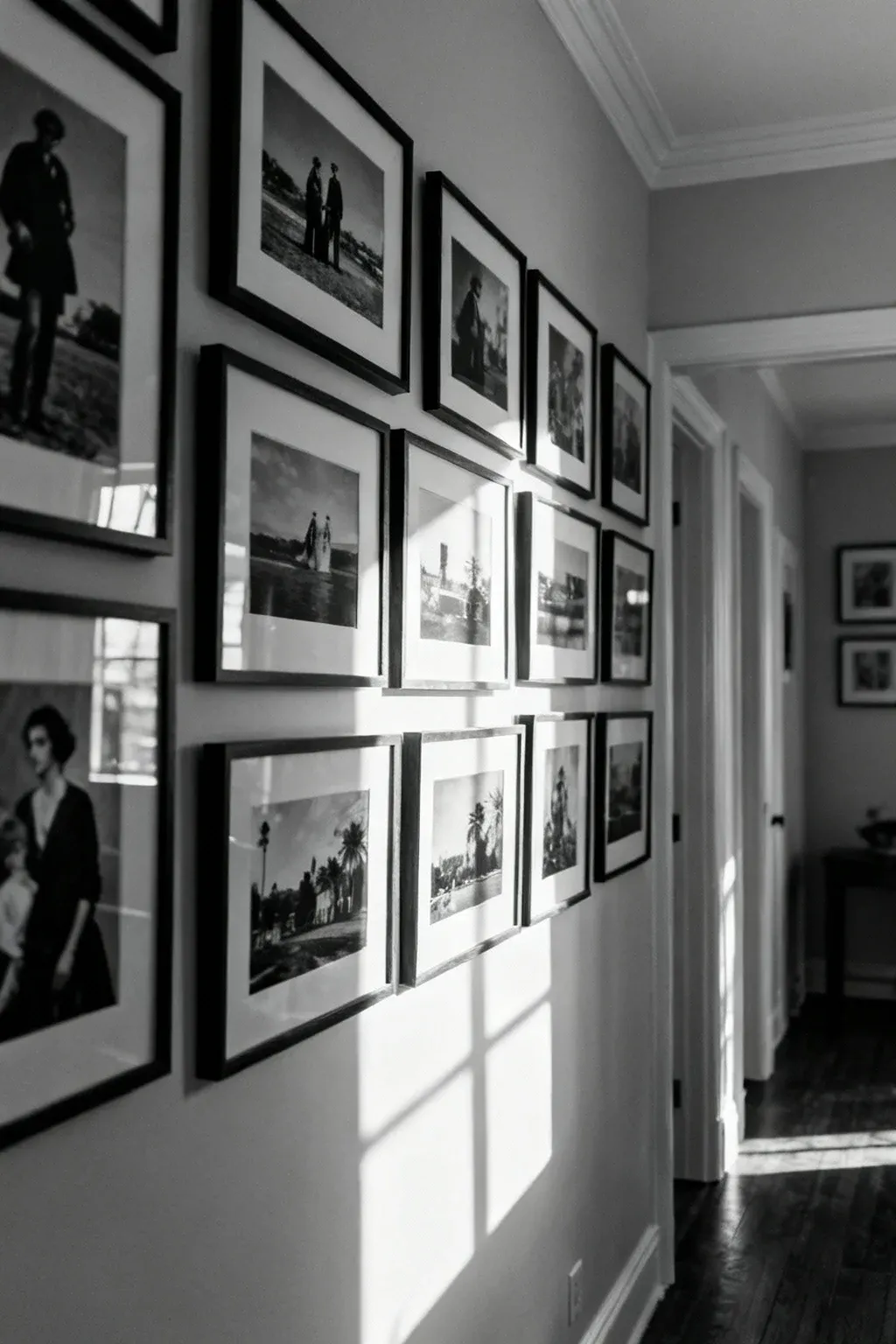 A gallery wall in a hallway featuring black and white photos in various frames.
