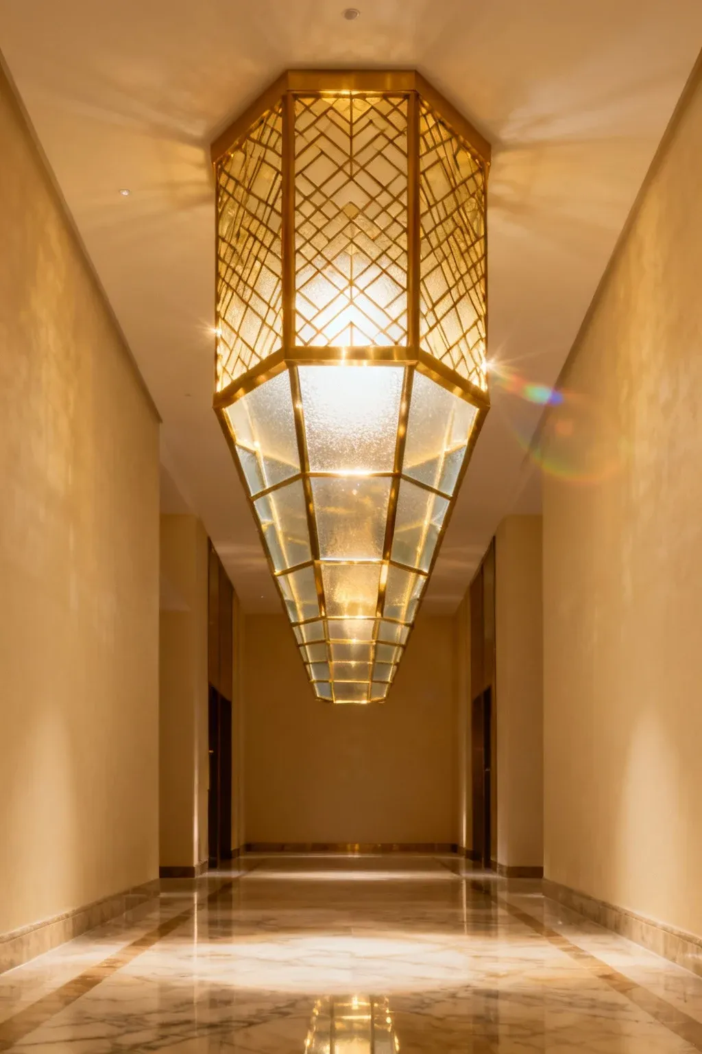 A hallway with a dramatic light fixture illuminating the space.