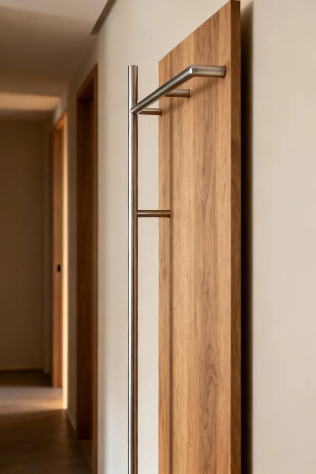 A minimalist coat rack in a hallway providing style and functionality.